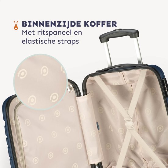 Binnenzijde van de donkerblauwe koffer met ritsvak en elastische straps. Beige voering met logo.