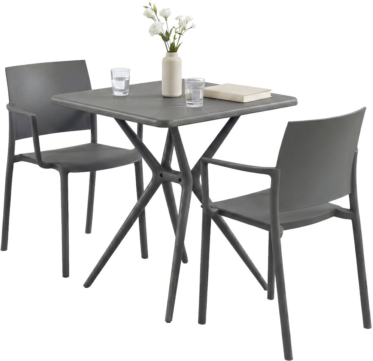 CLP Weerbestendige tuinmeubelset Pula, set met 2 stapelstoelen en bistrotafel donkergrijs