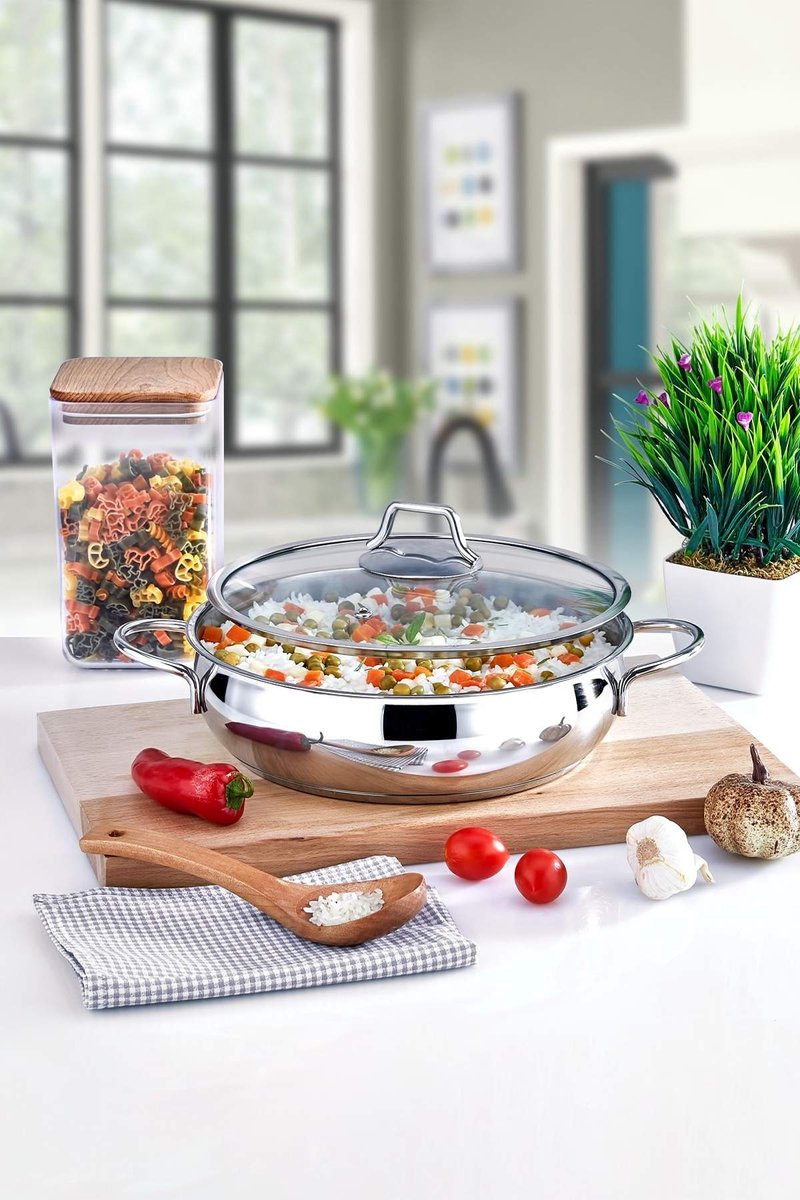 Polochef PRB-126 - Proline Lage Kookpan 26 cm – 18/10 Roestvrij Staal – Kookpan met Glazen Deksel – Inductie Geschikt – Zilver