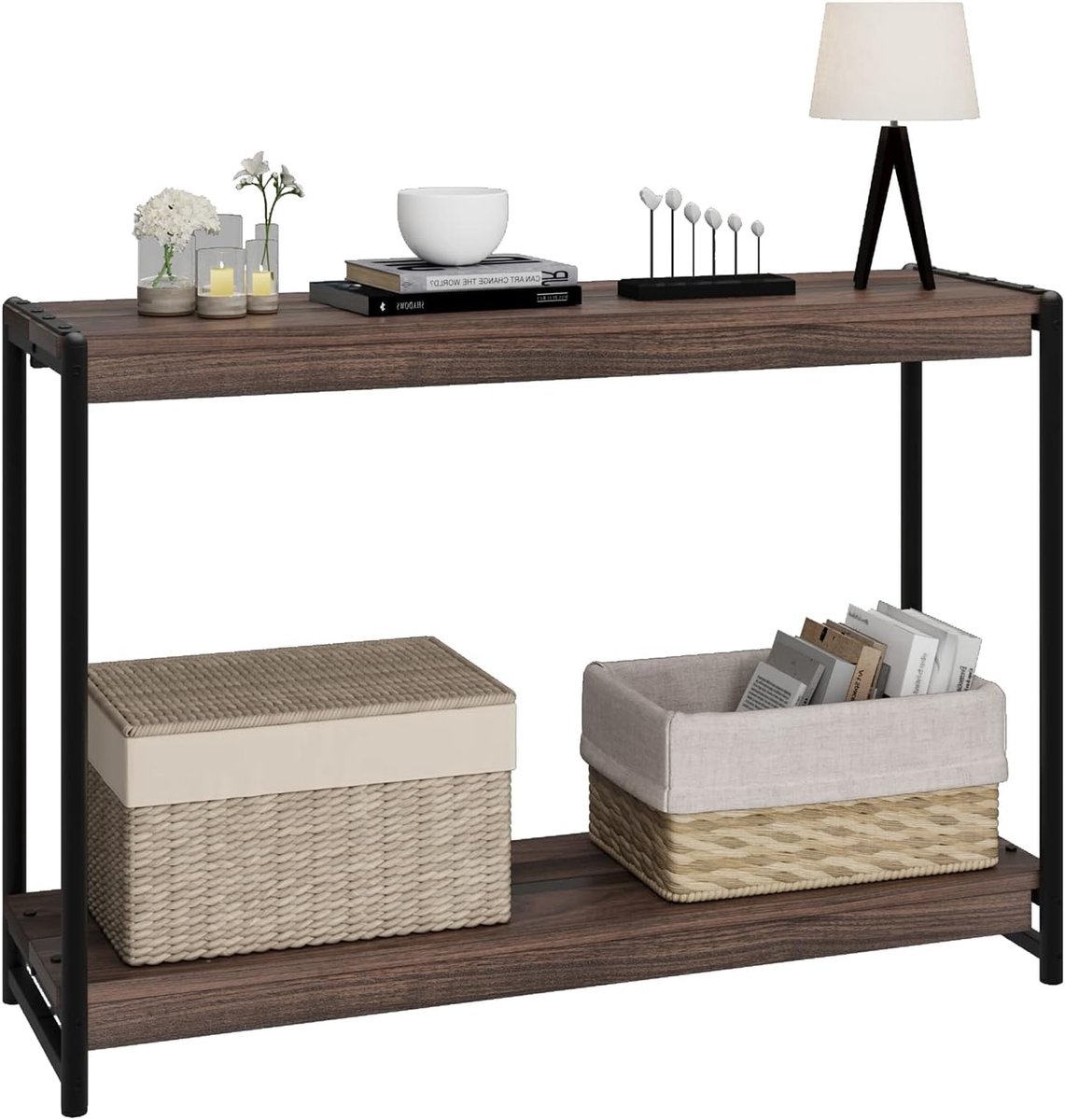 HOERFURIY Smal Sidetable - Consoletafel met 2 Niveaus - Industrieel & Landelijk Design - Haltafel - 100 x 35 x 80 cm - Donker Walnoot & Zwart Metaal Walnotenhout