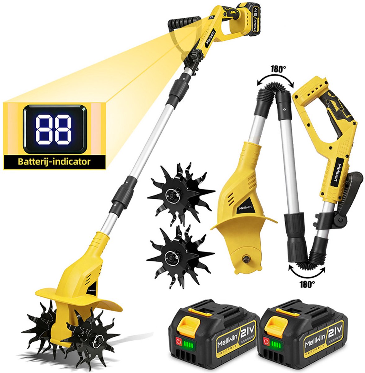 MellWin Accu Grondfrees - Draadloze rotavator - Elektrische Tuinfrees - 800 tpm - met 2 Accu's - 22 cm werkbreedte - 16 cm werkdiepte