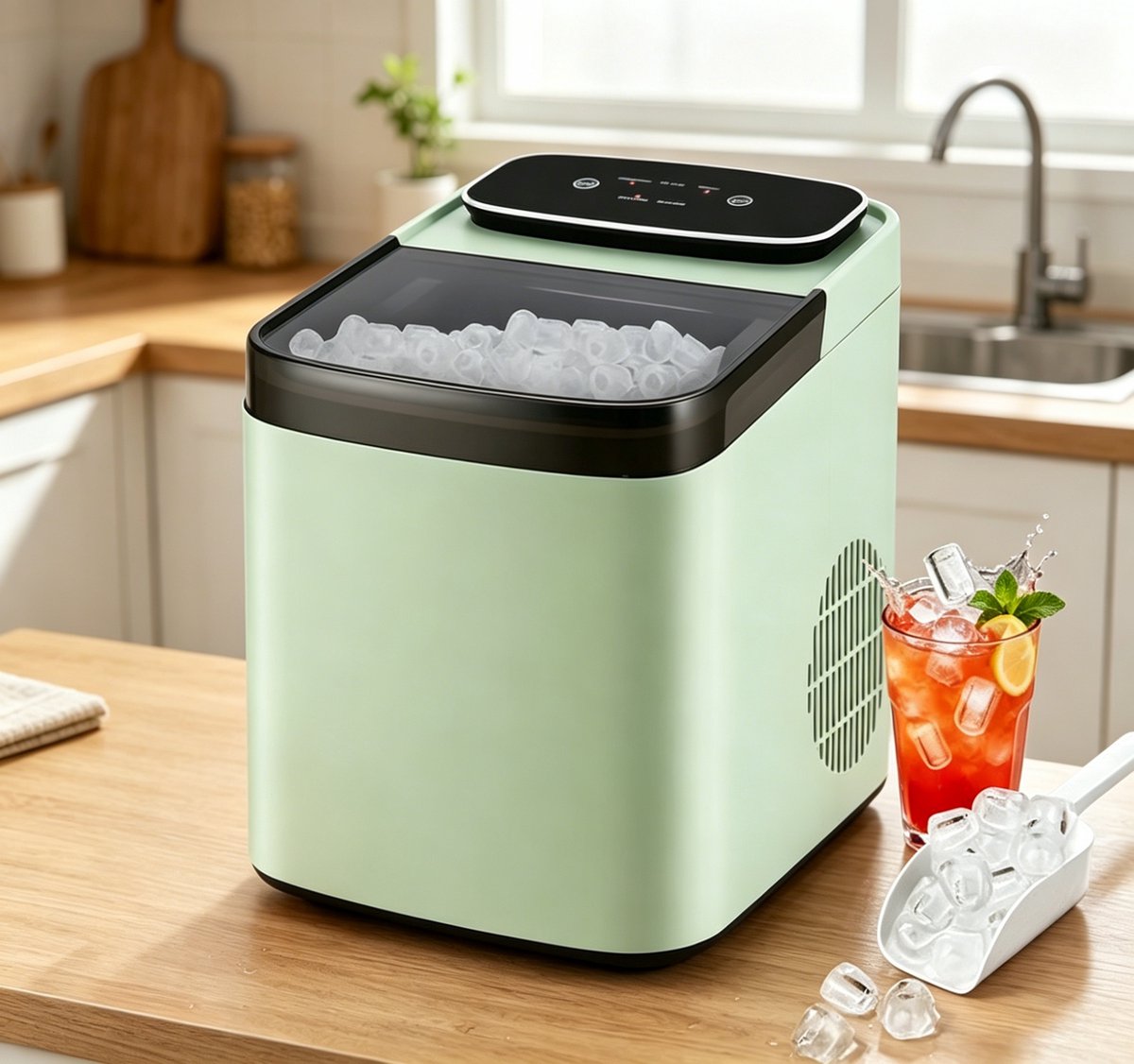 NETTLIFE Kleine Compacte IJsmachine – Stil – Snel 9 Blokken in 6 Min – 2 IJsmaten – Tot 14 kg/24u – Automatische Stop & Zelfreinigend – Draagbaar – Groen – Voor Keuken Kantoor Bar & Feest