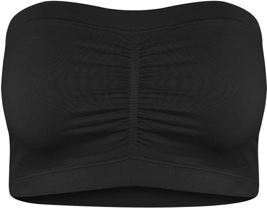 Zwarte gerimpelde bandeau bh met ribbelstructuur.