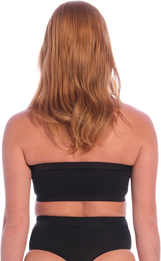 Achterkant van een vrouw met blond haar in een zwarte bandeau bh.