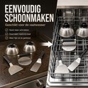 Een splitbeeld: links een propere grill met een burger set, rechts de set in een vaatwasser.