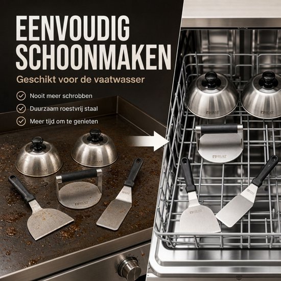 Een splitbeeld: links een propere grill met een burger set, rechts de set in een vaatwasser.