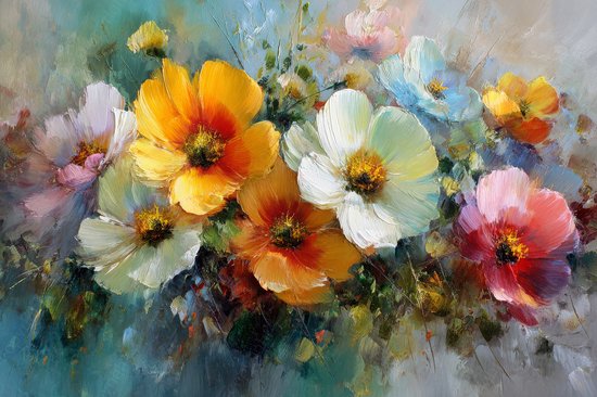 K&C Art (Canvas schilderij) 60x40cm | Bloemen - geel - roze - wit - oranje - blauw - groen - grijs - modern - kunst | Woonkamer - slaapkamer - hal - kantoor | Foto schilderij print op canvas - wanddecoratie - muurdecoratie - wall art