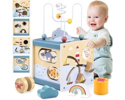 Montessori Houten Activiteitenkubus (Thema Zee) – Educatief Speelgoed voor Baby’s en Peuters vanaf 1 Jaar, met Kralenbaan, Vormenstopper, Spiegel en Puzzel, ter Stimulering van Motoriek en Zintuiglijke Ontwikkeling