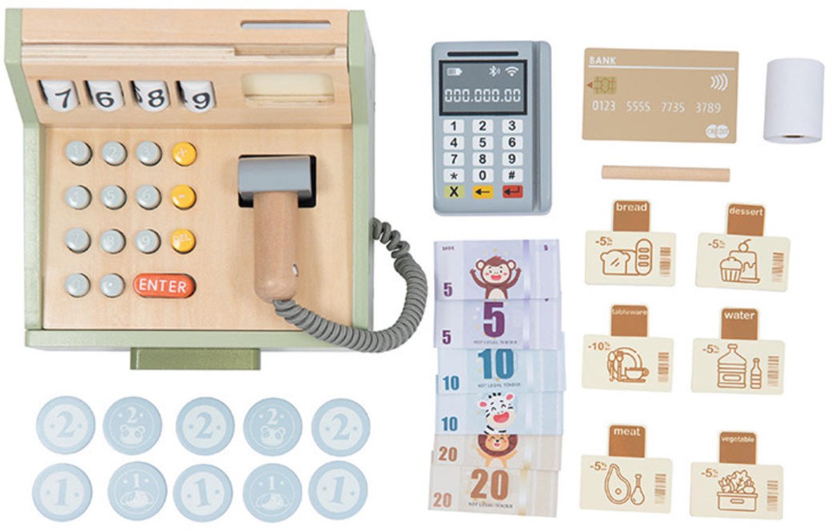 Montessori Houten Speelgoedkassa voor Kinderen – Speelgoedwinkeltje met Geldscanner en Creditcard – Educatief Rollenspel voor Peuters en Kleuters – Leerzaam Cadeau voor Jongens en Meisjes (3+)