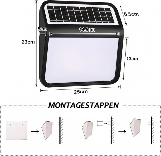 Zwart huisnummerbord met afmetingen, met zonnepaneel en witte lichtplaat.