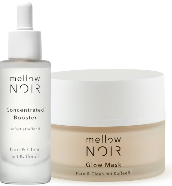 Mellow NOIR Concentrated Booster en Glow Mask naast elkaar op een witte achtergrond.