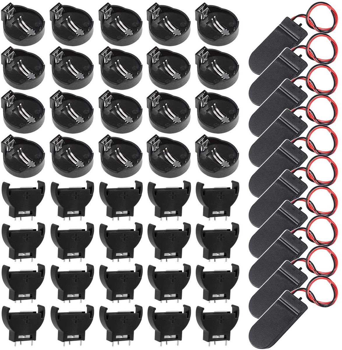 Dailygoods - Dailygoody - Knoopcelhouder CR2032 - Batterijhouder - Kunststof en metaal - Horizontaal en verticaal - 40 stuks - Geschikt voor CR2032 knoopcelbatteri