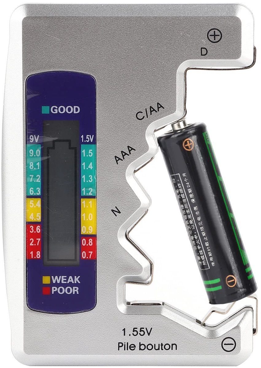 Dailygoods - Dailygoody - Digitale Batterijtester - Batterijcapaciteitsdetector - Compact en gebruiksvriendelijk - Knoopbatterijen en AA - Batterijcheck - Geschikt