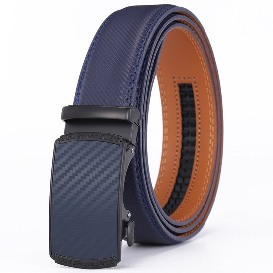 Ceinture bleue avec intérieur marron, boucle automatique et motif fibre de carbone.