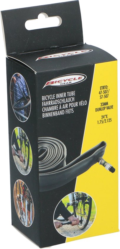 Fietsbinnenbandverpakking met informatie over maat 24" x 1.75/2.125 en 33mm Dunlop ventiel. Bevat illustraties van montage.
