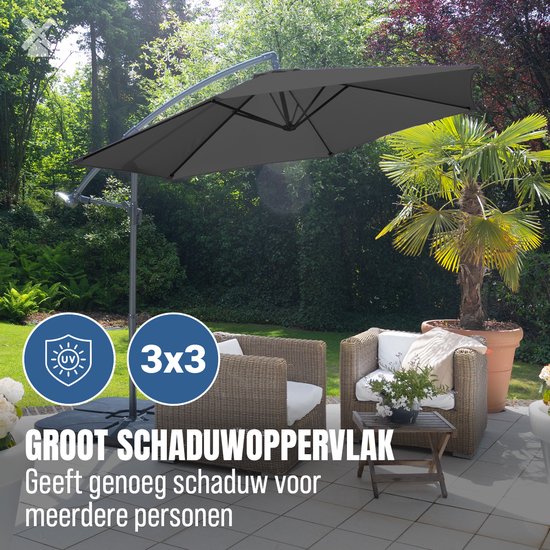 BluMill Zweefparasol Met Voet en Beschermhoes - Ø 300 cm - Waterdicht - Kantelbaar - Verstelbare Hoogte - Grijs