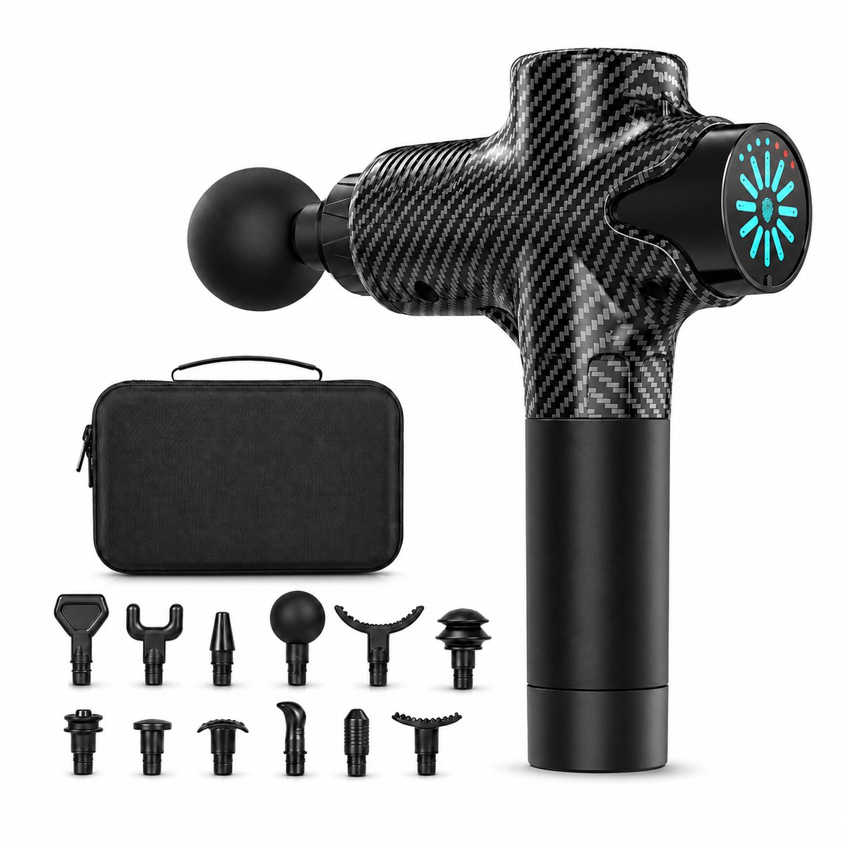 Gloovon® - Massage Gun Professioneel - Premium Massage Apparaat - 25.2V - Draadloos - Inclusief Koffer en 12 Opzetstukken - Borstelloze motor - Krachtig Massage Pistool - Fitness - Koolstofvezel
