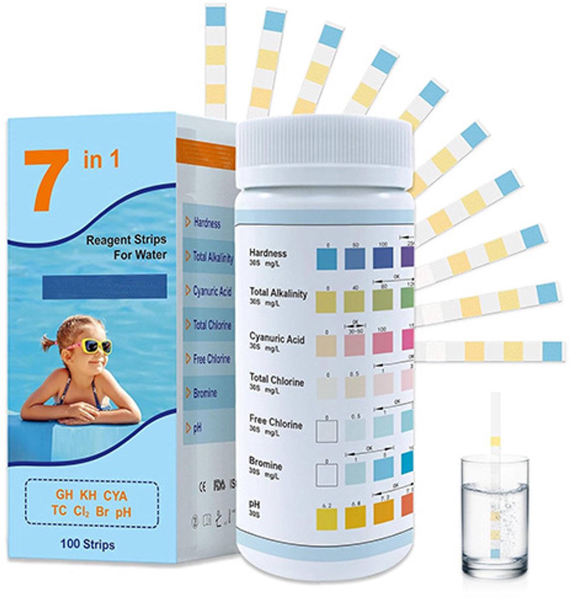 Water Teststrips voor Drinkwater – 7-in-1 Teststrips voor waterkwaliteit – Test op hardheid, totale alkaliteit, cyanuurzuur, totaal chloor, vrij chloor, broom en pH – pH-teststrips geschikt voor zwembaden, spa's en bubbelbaden – 100 strips - Wit