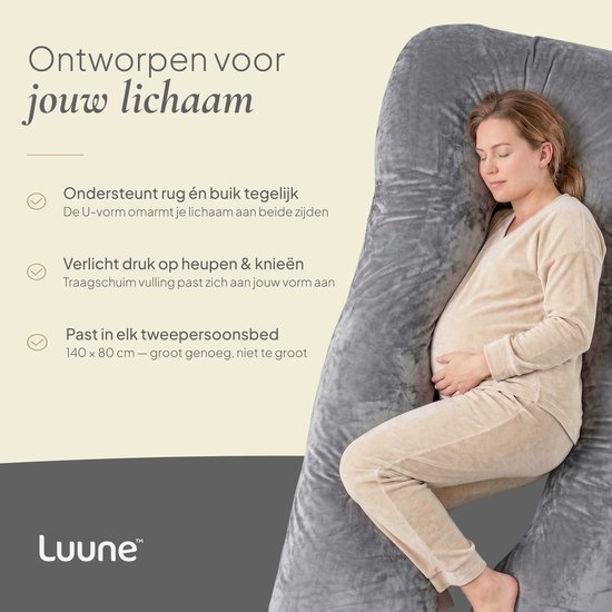 Luune Zwangerschapskussen XXL U-Vorm 280 cm - Traagschuim - Extra Stevig Gevuld - Zijslaapkussen, Voedingskussen & Lichaamskussen (Body Pillow) - Afneembare Velours Hoes - Grijs — afbeelding 3