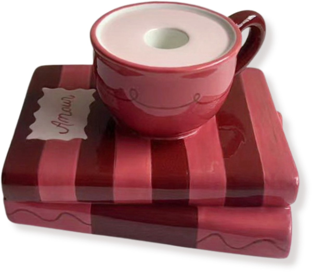 Housevitamin Kandelaar - Kopje op stapel boeken - Rood/Roze - Dolomiet - 16,5x13,5x9,5cm