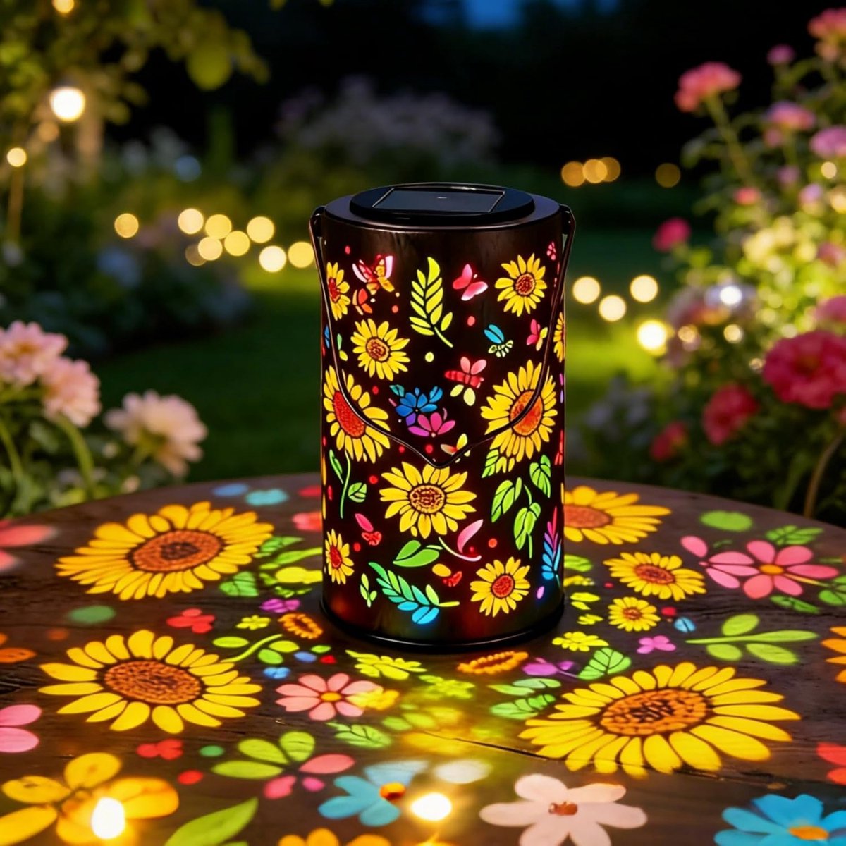 longziming - Kleurrijke zonnebloem - Decoratieve Solar Tuinlamp - 10*10*18cm - LED Hanglantaarn Op Zonne Energie - Kleurrijke Lichtprojecties - Vintage Goud Koper Uitstraling - Flexibel Hangend Of Vrijstaand Gebruik - 1 Stuk
