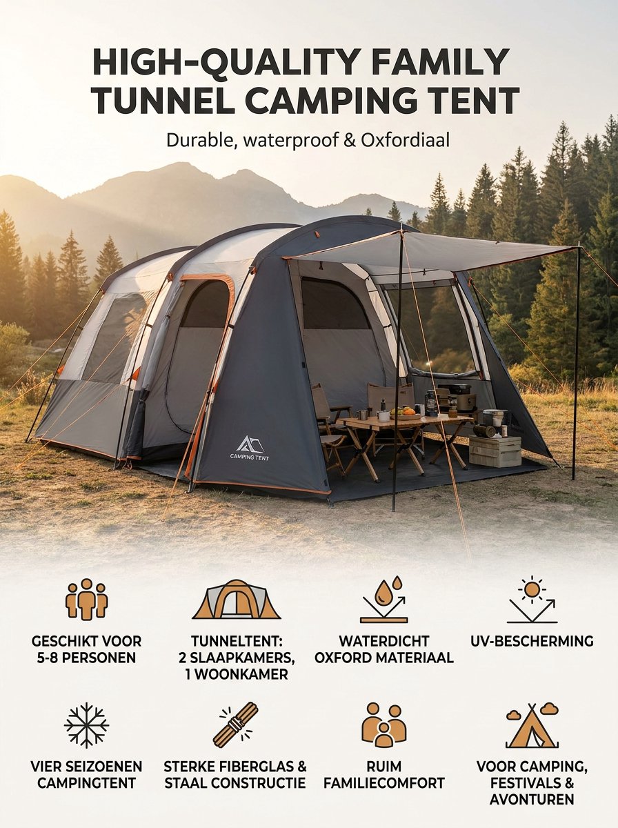 Grote Familietent 8 Personen – Luxe Tunnel Tent met 2 Slaapkamers & Woonruimte – Waterdichte Camping Tent voor Familie & Outdoor Kamperen – foto 3