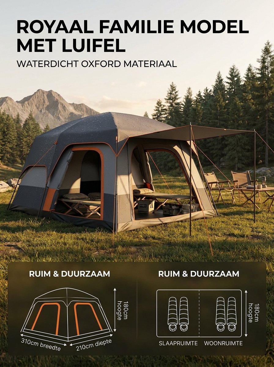 Grote Familietent 8 Personen – Luxe Tunnel Tent met 2 Slaapkamers & Woonruimte – Waterdichte Camping Tent voor Familie & Outdoor Kamperen – foto 5