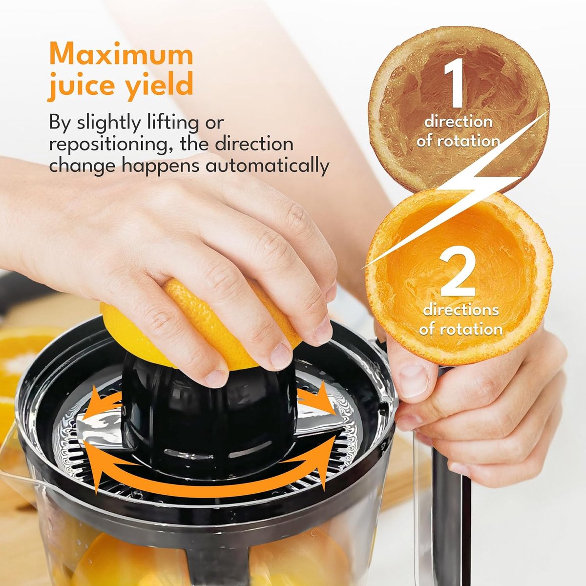 Swiss Haus® CJ2140 Citruspers Elektrisch - 40W – 1L Sapreservoir – Sinaasappelpers - 2 Draairichtingen – Fruitpers met Pulpfilter & 2 perskegels – Compact – Koper thumbnail 3