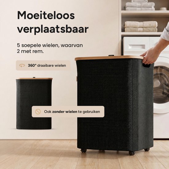 Een hand duwt een zwarte wasmand met bamboehouten frame op wieltjes in een wasruimte naast een wasmachine. De wasmand heeft wieltjes en kan ook zonder.