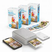 Mini fotoprinter met navullingen, telefoon met familiefoto en diverse afgedrukte foto's.