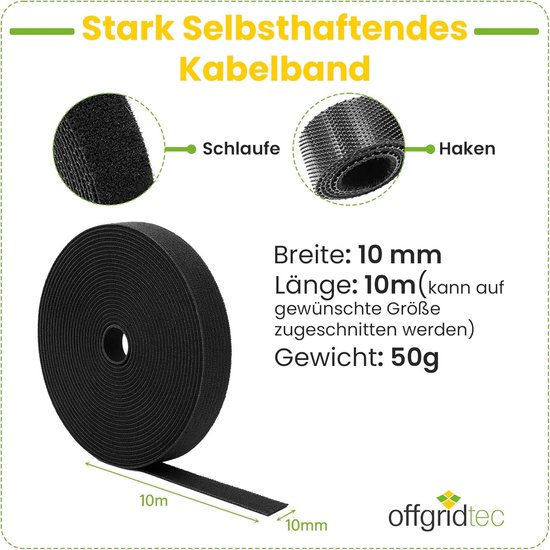 Rol zwart zelfklevend kabelband, 10m x 10mm. Bevat afbeeldingen van haak en lus.