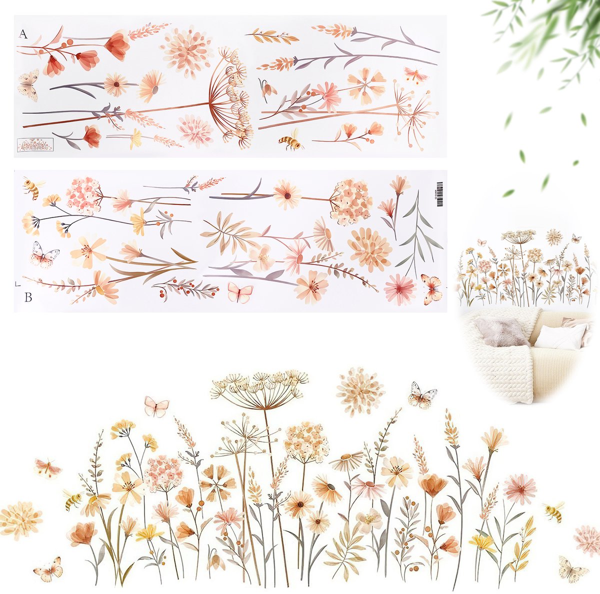 Lemlit Muursticker Bloemen Boho 90 x 30 cm - Bloemen- en bijenpatroon - Zelfklevende muursticker, geschikt voor slaapkamers, woonkamers, kinderkamers en achterwanden van banken.