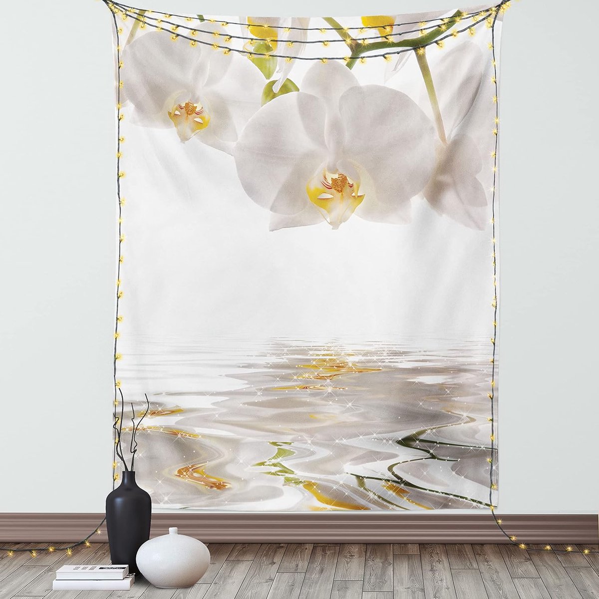 ABAKUHAUS Bloementapijt, Orchideeën op Spatend Water, Woonkamer Slaapkamer Wanddoek Zijdezacht Satijn Wandtapijt, 150 x 200 cm, Off White Oranje Gebroken wit en oranje