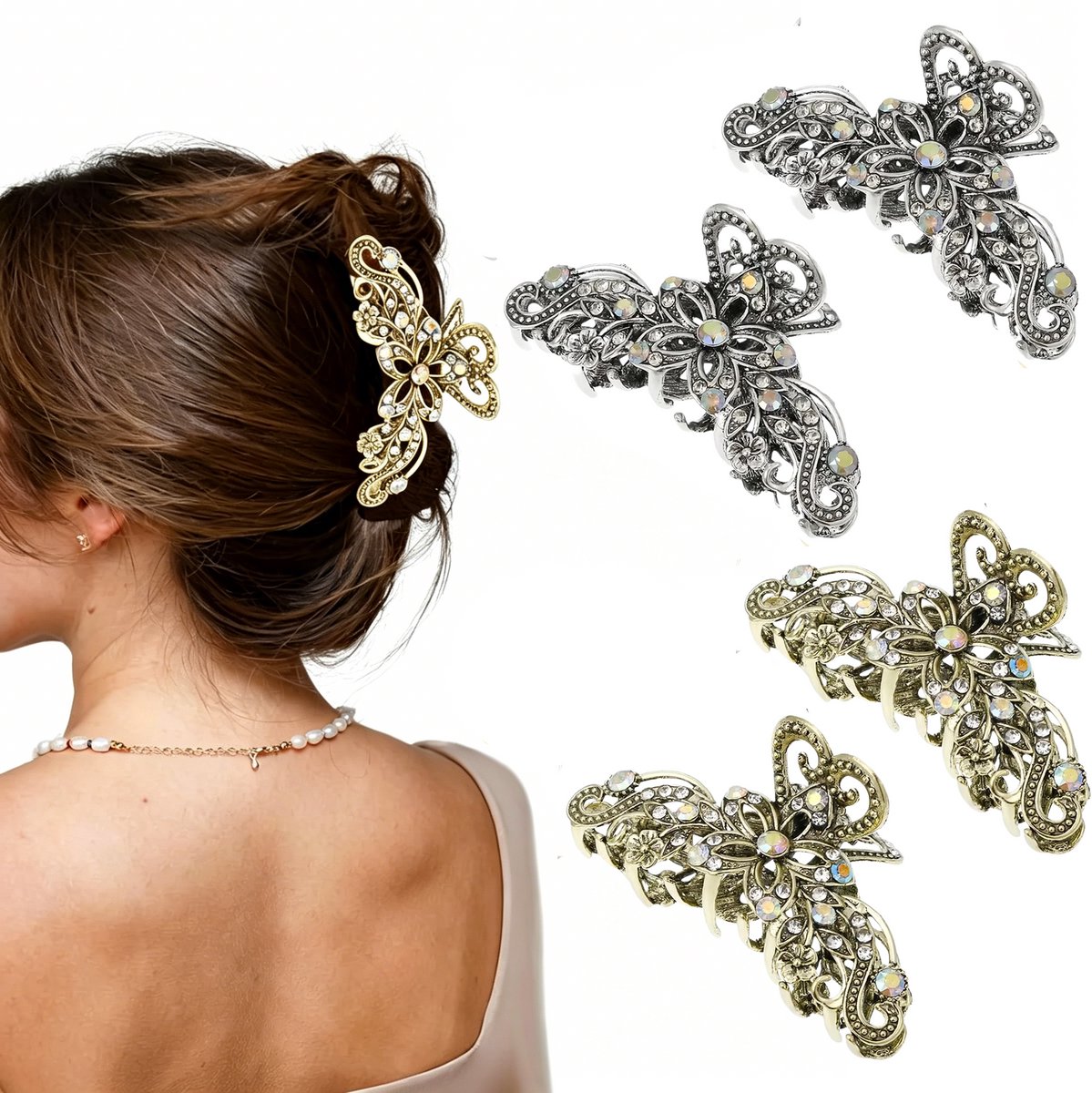 Haarklem - Haarspelden dames - Haarspeld bruiloft - Vintage haarclips - Haarclips met strasssteentjes - Sprankelende - opengewerkte -haarclips met strassbloemmotief - Verzilverde haarclips - Vintage haarclips met bloemenpatroon - Set van 4