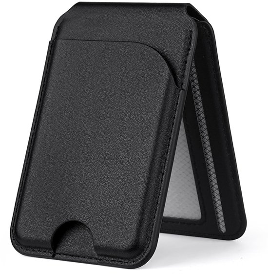 Portefeuille magnétique noir, partiellement ouvert, avec des emplacements pour cartes.