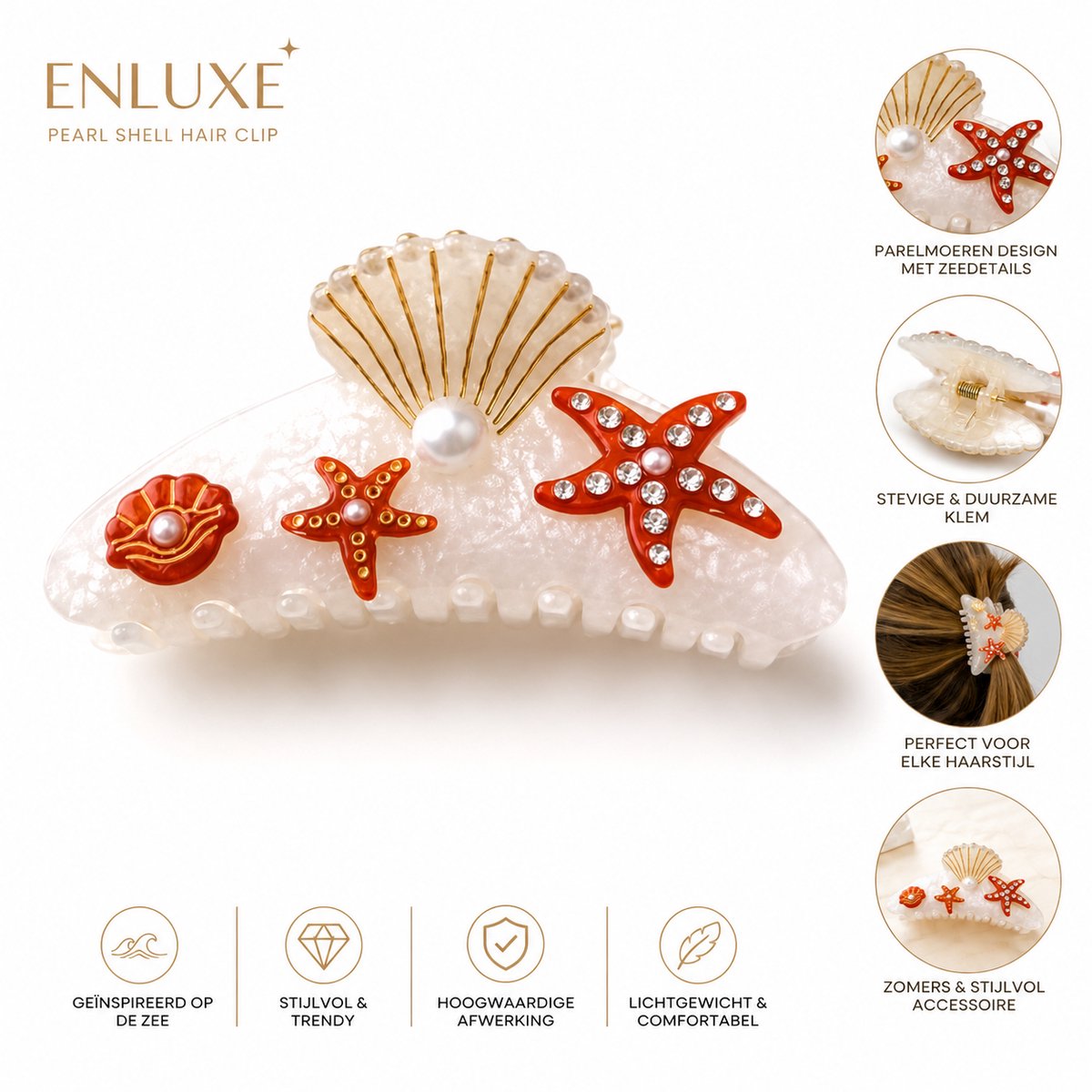 Enluxe Parelmoeren Schelp Haarclip met Zeeschelpjes - Zomer Haaraccessoire voor Zeemeermin / Streetwear