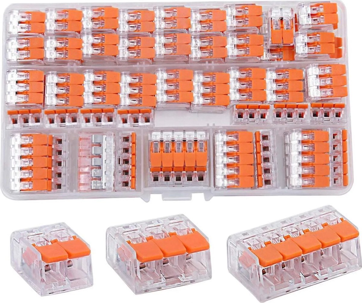 75 kabelconnectoren, kabelklemmen, connectorterminals met bedieningshendels, 4mm² draadterminals, schroefterminals en verbindingsterminals.