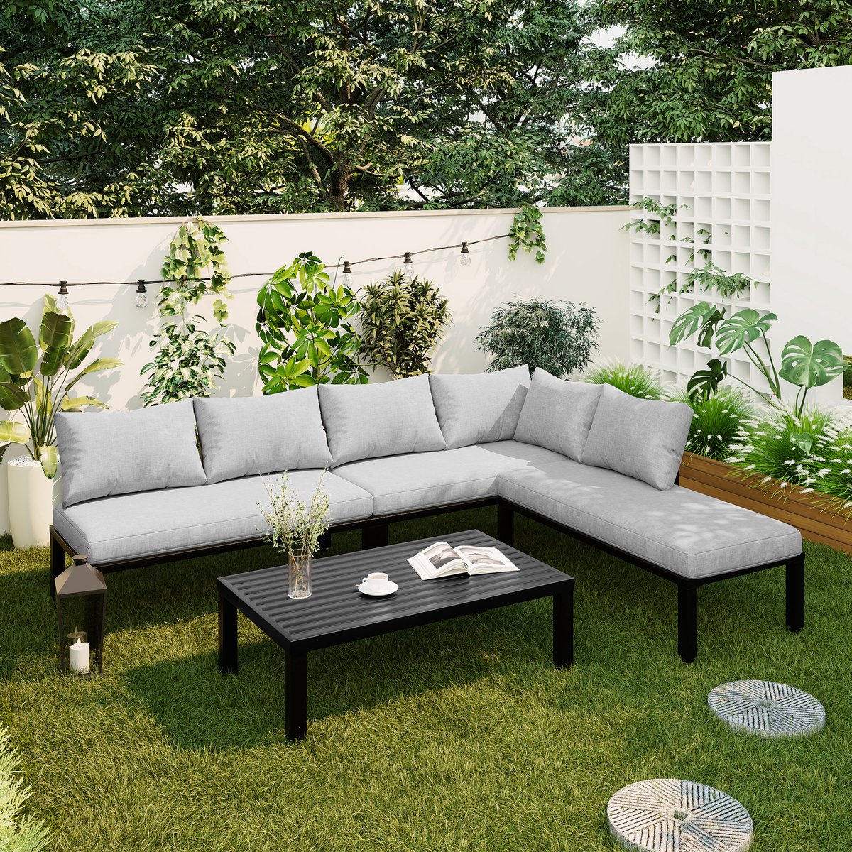 Tuinmeubelset, Tuinset, Loungeset met Gegalvaniseerd Ijzeren Frame, 6 Zitplaatsen, Verstelbare Poten, Afneembare rugleuning, Modulaire Bank, Tafelblad van Gegalvaniseerd Ijzer, Grijs