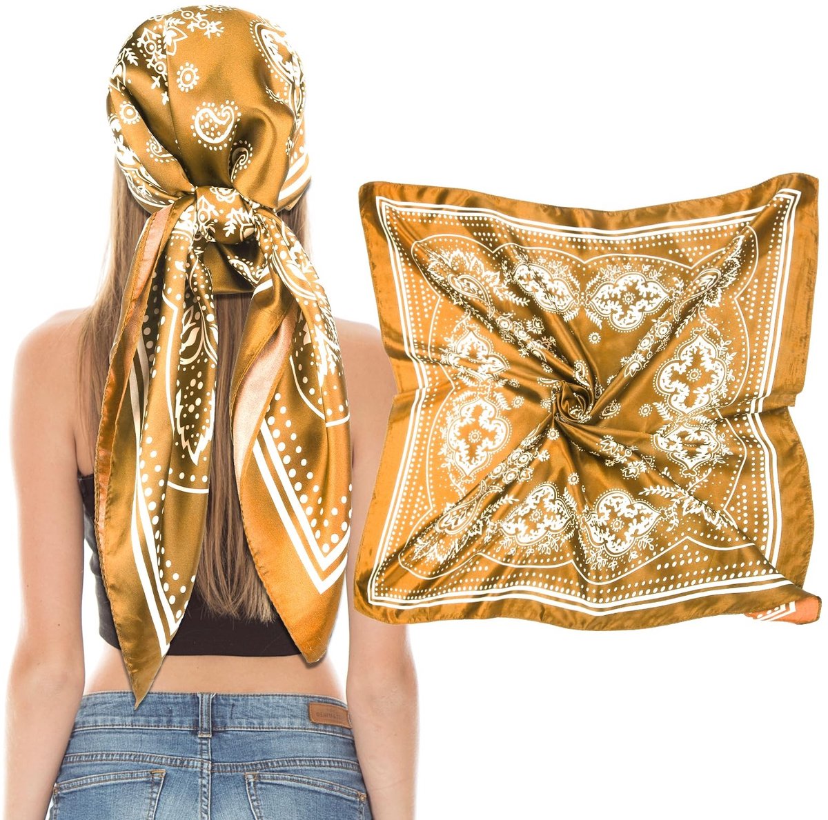Dailygoods - Innovra - Dailygoods - Dailygoody - Vierkante Satijnen Hoofd Sjaals - Grote Zachte Sjaal - 90 x 90 cm - Modieuze Print - Geschikt voor Dames - Navy/Camel