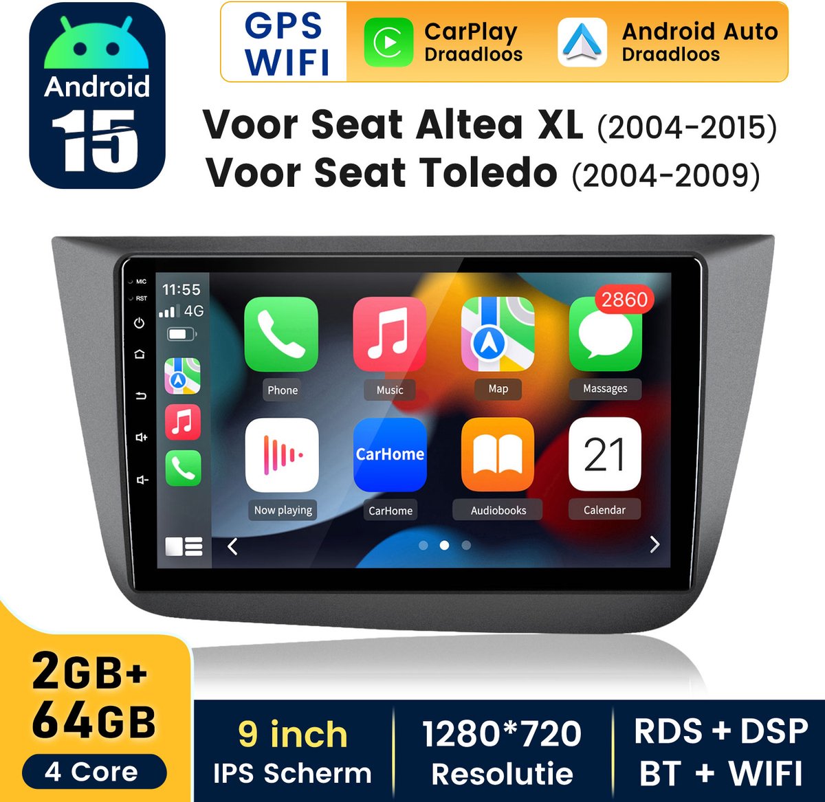 Hexinex Quad-Core autoradio Geschikt voor Seat Altea XL 2004-2015 - Draadloos CarPlay, Android Auto, multimediaspeler, 2GB+64GB