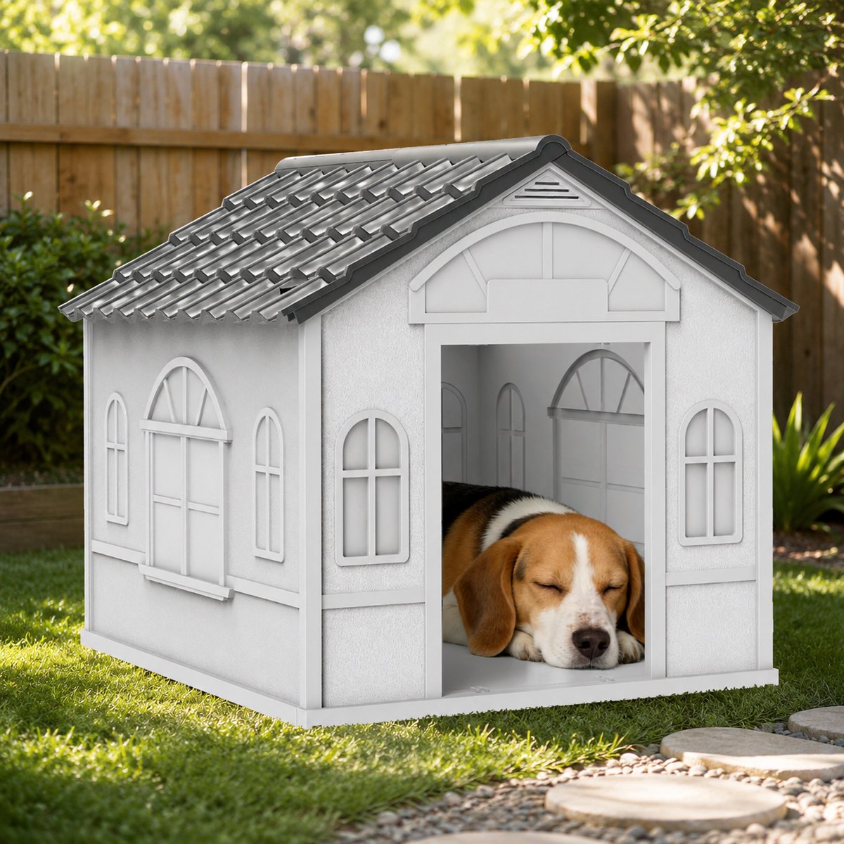 Huisdierhuis - Hondenhok - Waterdichte buitenhondenhok - Schuin dak - PP - 65x75.7x63 cm - Geschikt voor de achtertuin, het terras – Grijs