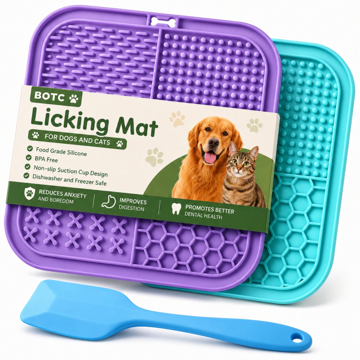 Bol.com BOTC Likmat Hond met Silicone spatulas - 3-Delig Likmat Voermat Hond - voermat - Slowfeeder Hond - Paars /Blauw aanbieding