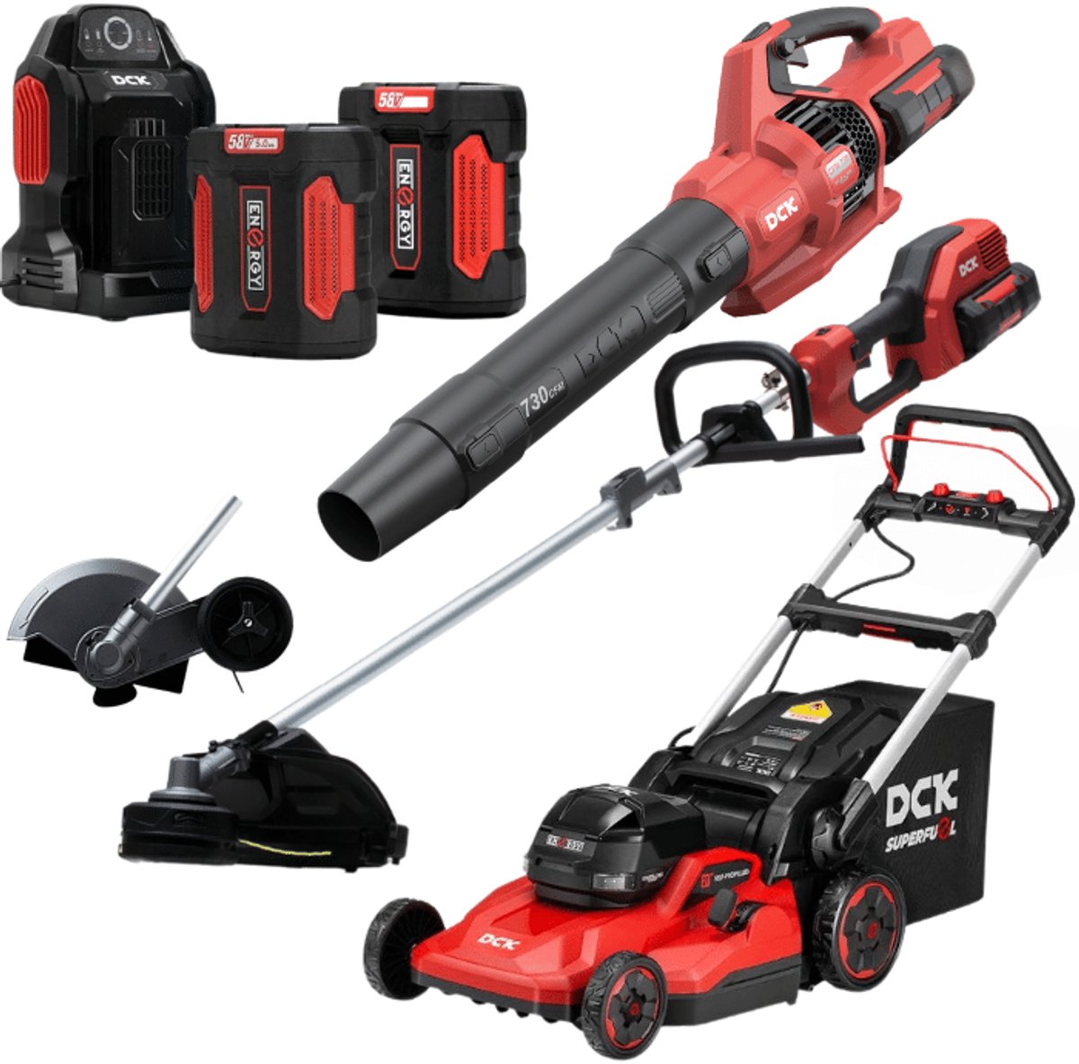 DCK Tools 58V Tuinonderhoud Totaal Actiebundel – Combimotor + Grasmaaier + Bladblazer + Kantensnijder + extra 5.0Ah Accu