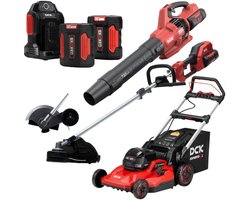 DCK Tools 58V Tuinonderhoud Totaal Actiebundel � Combimotor + Grasmaaier + Bladblazer + Kantensnijder + extra 5.0Ah Accu