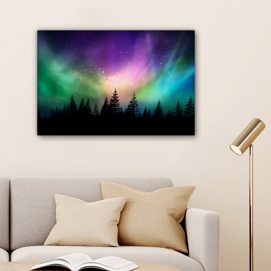 Canvas schilderij 60x40 cm - Wanddecoratie Noorderlicht - Sterrenhemel - Bos - Canada - Muurdecoratie woonkamer - Slaapkamer decoratie - Kamer accessoires - Schilderijen op canvas