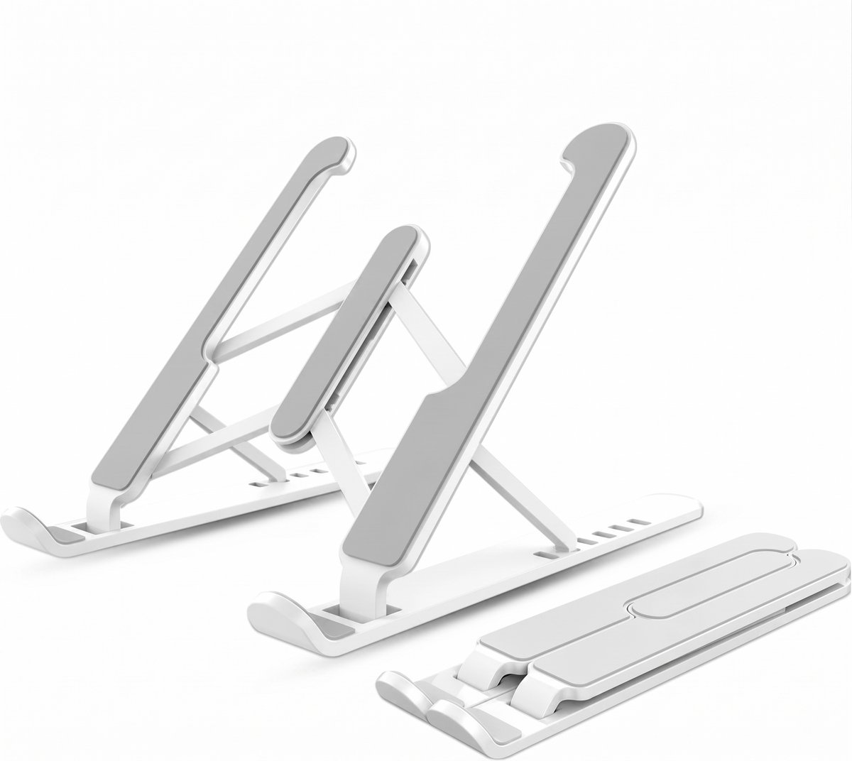 Laptop Standaard Verstelbaar - Aluminium en Kunstof - Extra Stevig - Hoge Kwaliteit - Met Opberg Zakje - 6 standen verstelbaar - Wit - OXILO
