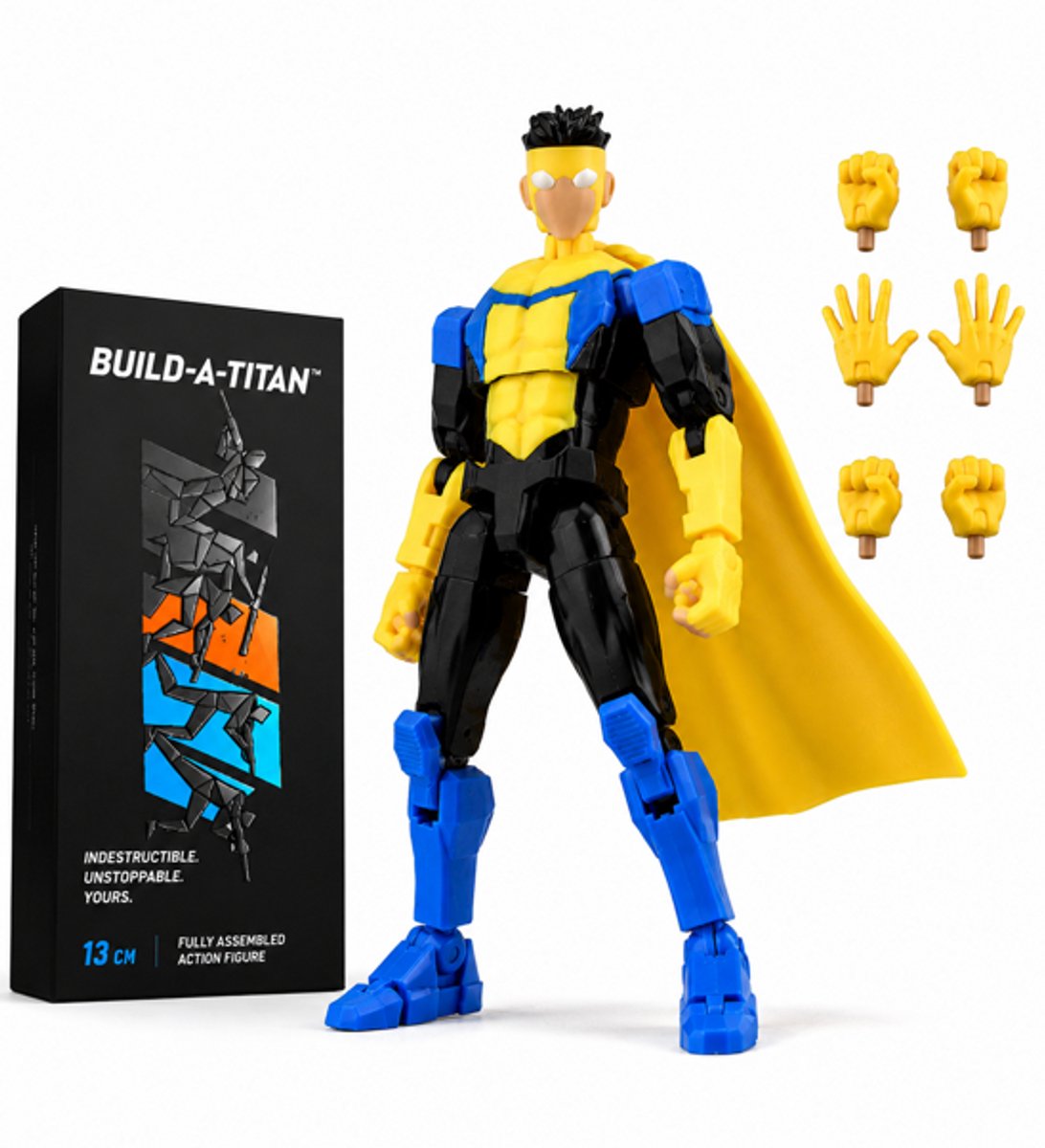 Build-a-Titan™ Indestructible Triple Strike Hero – Poseerbare Anime Actiefiguur – Blauw / Geel / Zwart Design – Volledig Gemonteerd – Verwisselbare Onderdelen – 13 cm