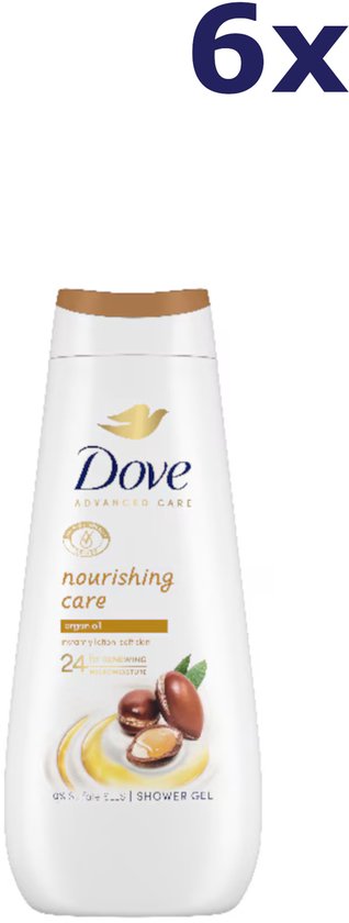 Dove Nourishing Care douchegel met arganolie, 6x 400 ml. Witte fles met gouden dop en bruine tekst.