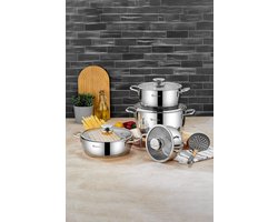 Polochef VTS-100 - Vistal RVS Pannenset 8-Delig – 18/10 Roestvrij Staal – Inclusief Lage Pan – Inductie Geschikt – Zilver