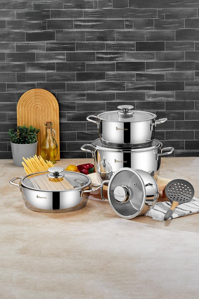 Polochef VTS-100 - Vistal RVS Pannenset 8-Delig – 18/10 Roestvrij Staal – Inclusief Lage Pan – Inductie Geschikt – Zilver